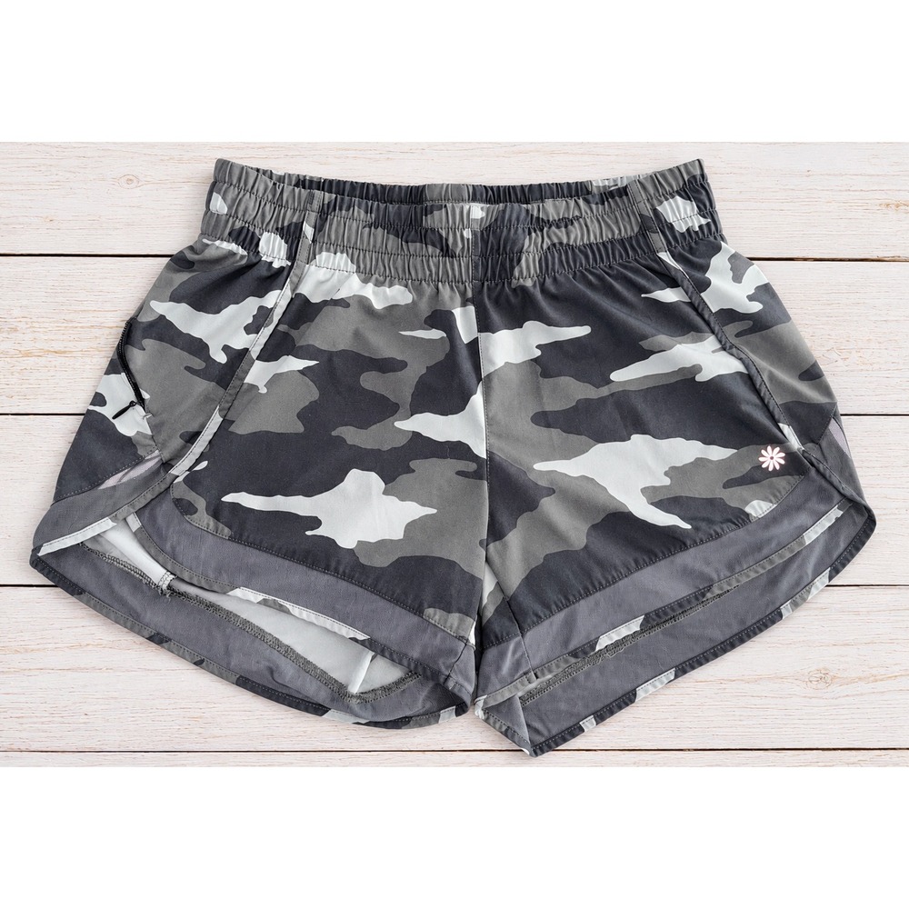 Athleta Camo Mesh Trim Running Shorts Grey Camouflage Athletic Gym Gorpcore XS
